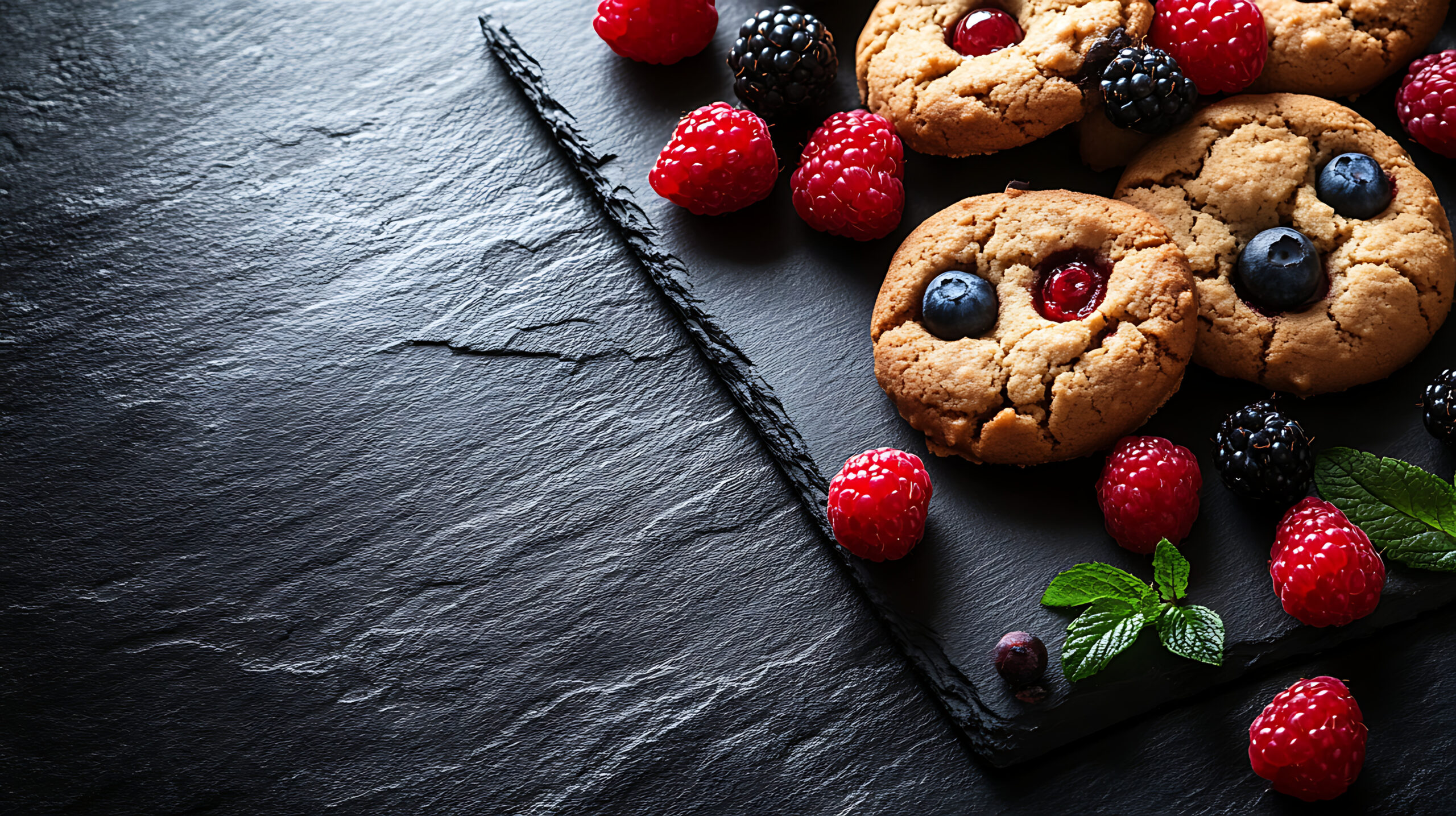 Elegant composition of cookies on a slate board, complemented by fresh berries and soft lighting